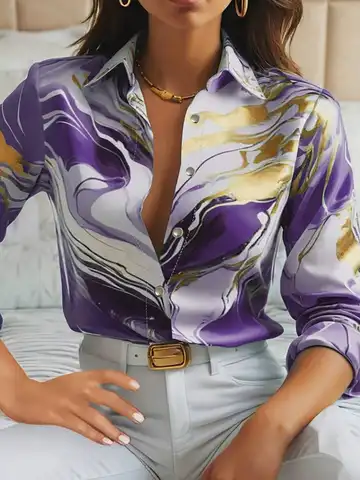 Chemisier Femme Printemps-Été Imprimé Marbre Violet Doré Col Boutonné Manches Longues Satin Luxe Élégant Quotidien Bureau