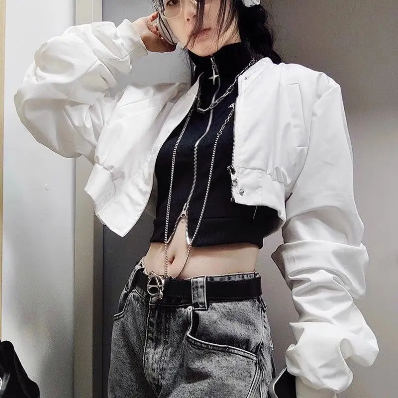 Y2k Cropped Bomber Jacket Female Sweatshirt Retro Spring Autumn Annals Jacket Tops Coat Sweet Cool Hong Kong Thin Hot Selling