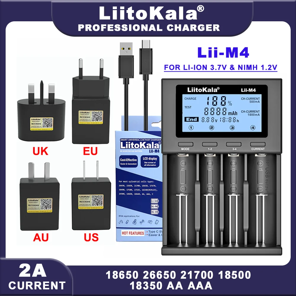 LiitoKala Lii-M4 18650 LCD Display Smart Charger Test Capacity Suitable For 3.7V 26650 18350 21700 18500 1.2V AA AAA 4 Slots