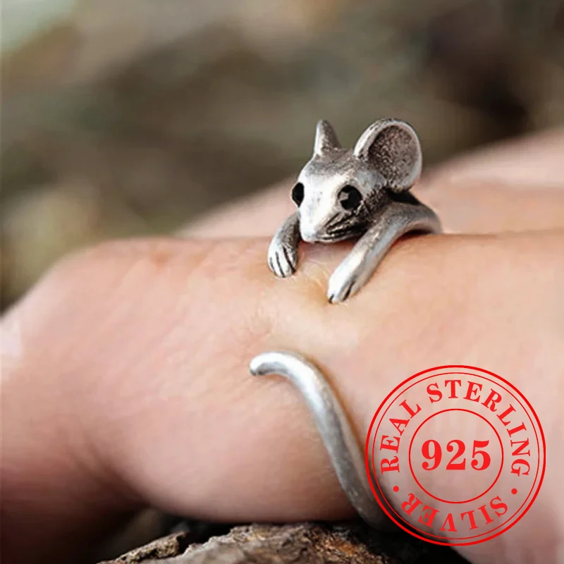 Huitan Real 925 Sterling Silver Cute Mouse Shape Open Rings dla kobiet Nowoczesna moda Dziewczyny Pierścionki na palce Hip Hop Biżuteria imprezowa