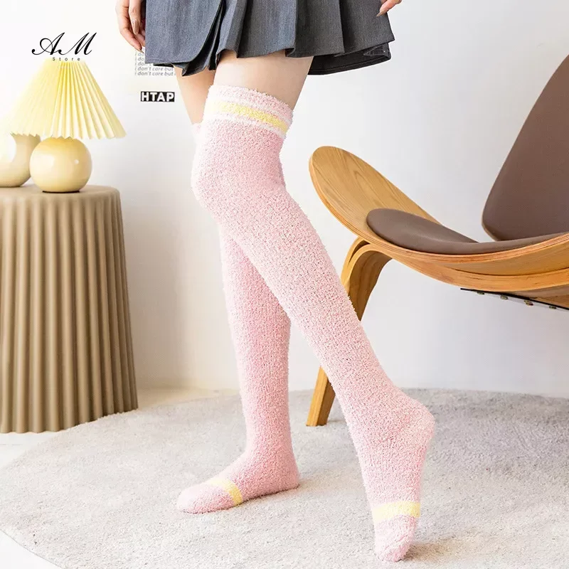 Leg Warmers Winter Stockings Coral Fleece Knee Scoks Thick Warm Socks Furry Leg Warmers Women‘s Thigh High Socks