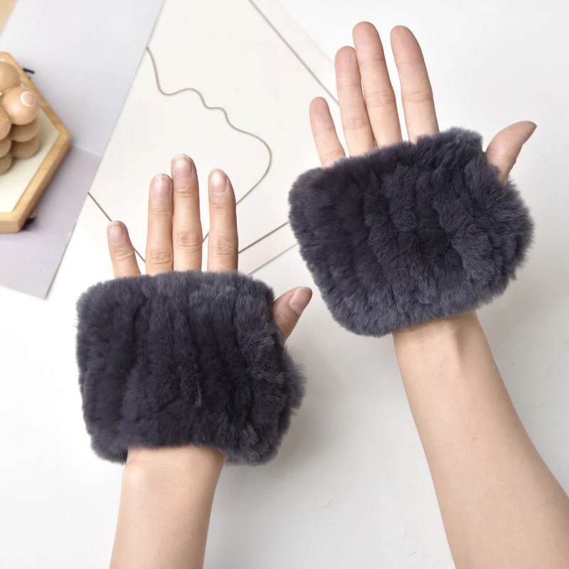 Women's Natural Rex Rabbit Fur Gloves Elastic Knitted Real Fur Mittens Winter Warm Wrist Guards with Exposed Fingers