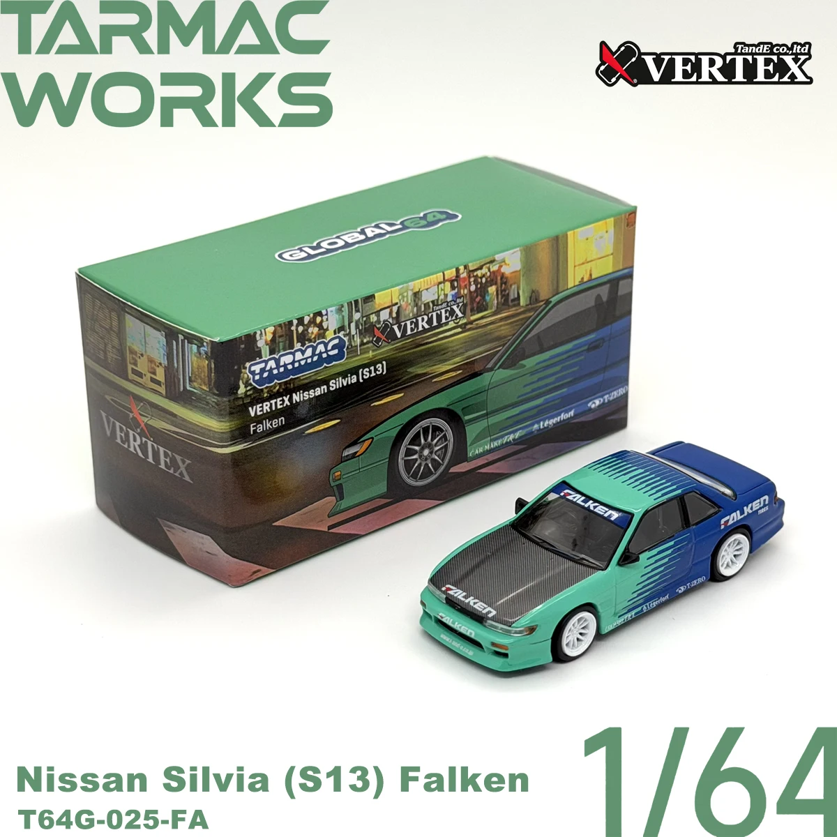 Tarmac Works T64G‑025‑FA 1:64 VERTEX Silvia S13 Falken Livery Collectible Model Vehicles Alloy Drift Car