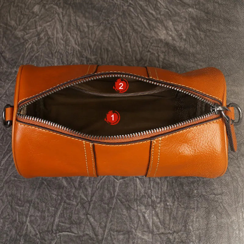 Women Vintage Genuine Cowhide Leather Barrel Crossbody Bag Cylinder Shoulder Purse Versatile Retro Style Small Zipper Sling Bag