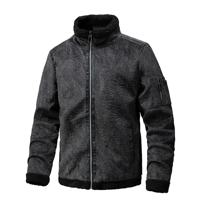 

Men's Winter Fleece Lined Lambskin Suede Leather Jacket Stand-Up Collar Thickened Casual All-In-One Coat with Fur Trim