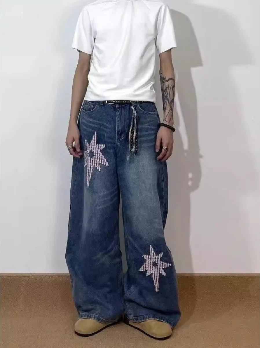 

American Retro Washing Star Patch Scimitar Jeans Women Spring Autumn New High-End Personality Lazy Style Loose Trousers