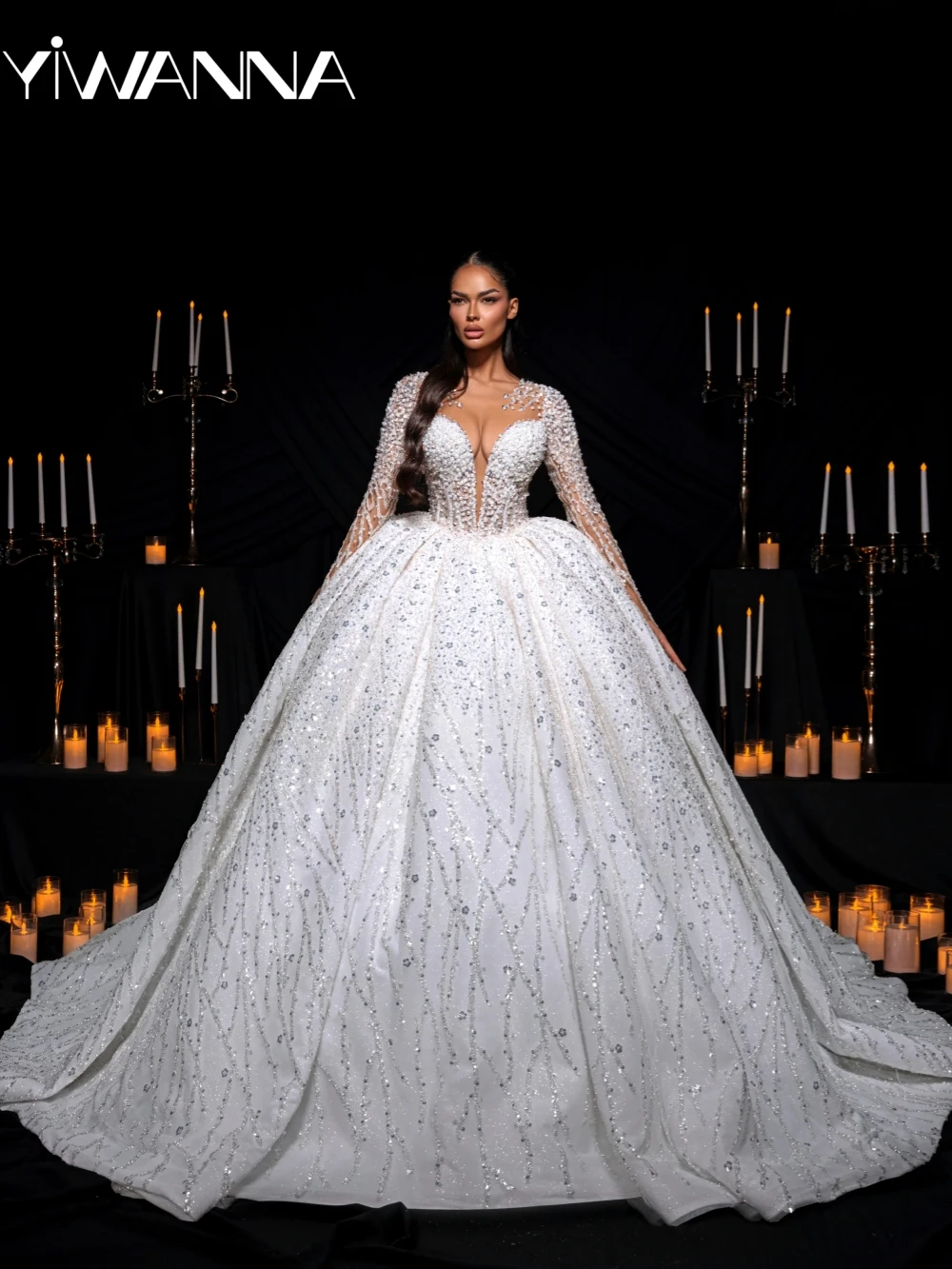 

Exquisite Sparkly Pearls Princess Long Wedding Dress Puffy Dreamy Sequined Oneck Bridal Gown Customized New Dresses For Bride