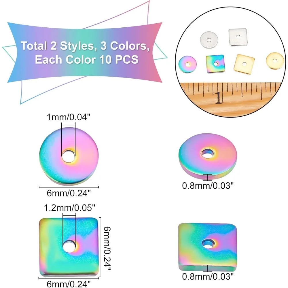 60 قطعة 2 أنماط 3 ألوان الفولاذ المقاوم للصدأ خزر عازل شقة مستديرة مربع حبة النتائج المعادن فضفاض الخرز ل أساور يدوية #5