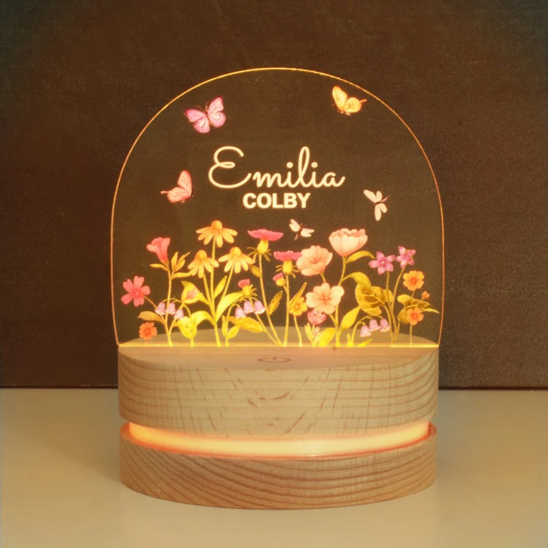 Custom Laser Engraved Summer Flowers Butterfly Night Lamp Personalized Name Romantic Mood Lamp Ornament Bedroom Decor For Kid