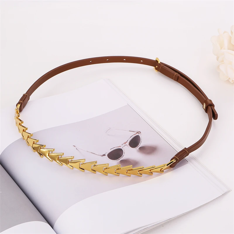 2024 New Fashion Metal Waist Chain Belts For Women Fishbone Chain Strap Rope Female Fine Waistband Dress Shirt Decoratio