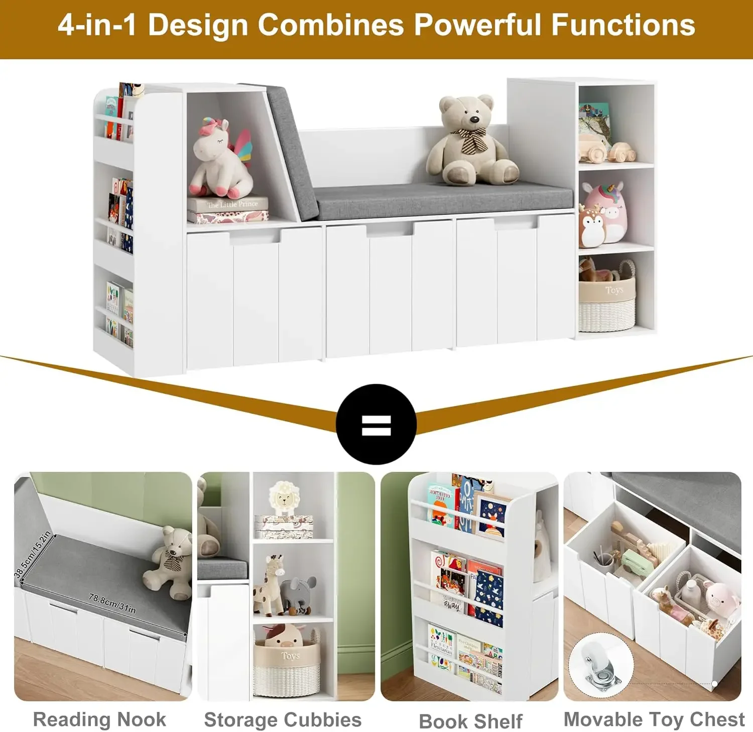 [عرض لفترة محدودة، اليوم فقط! ]61.5 بوصة زاوية قراءة للأطفال مع رف كتب مكون من 3 طبقات، زاوية قراءة للأطفال مع مقعد مزدوج وبكرة دوارة