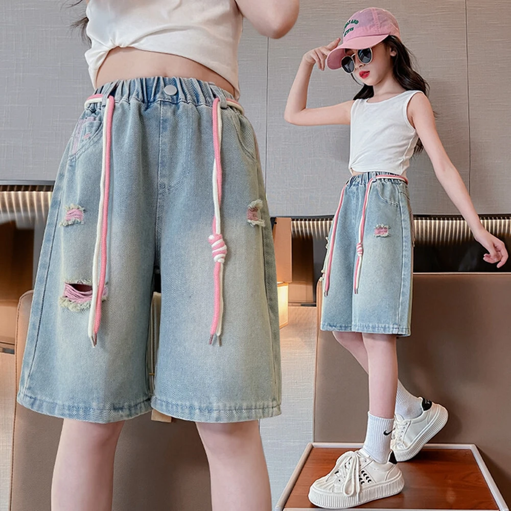 New Kids Cargo Shorts Pants Denim Shorts with Pockets Teenager Girls High Waistband Mini Jeans Pants 5 6 7 8 9 10 12 13 14 Years