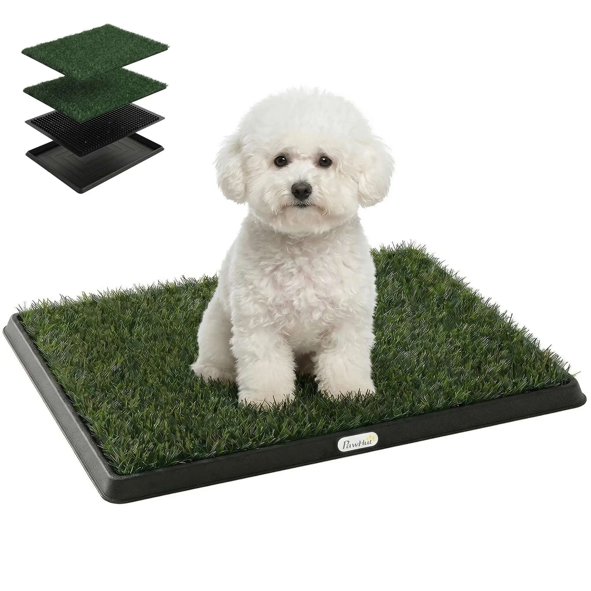 Toilette pour chiens PawHut 63x50,5 cm, système à 3 niveaux avec 2 tapis en gazon artificiel lavables pour balcon et maison