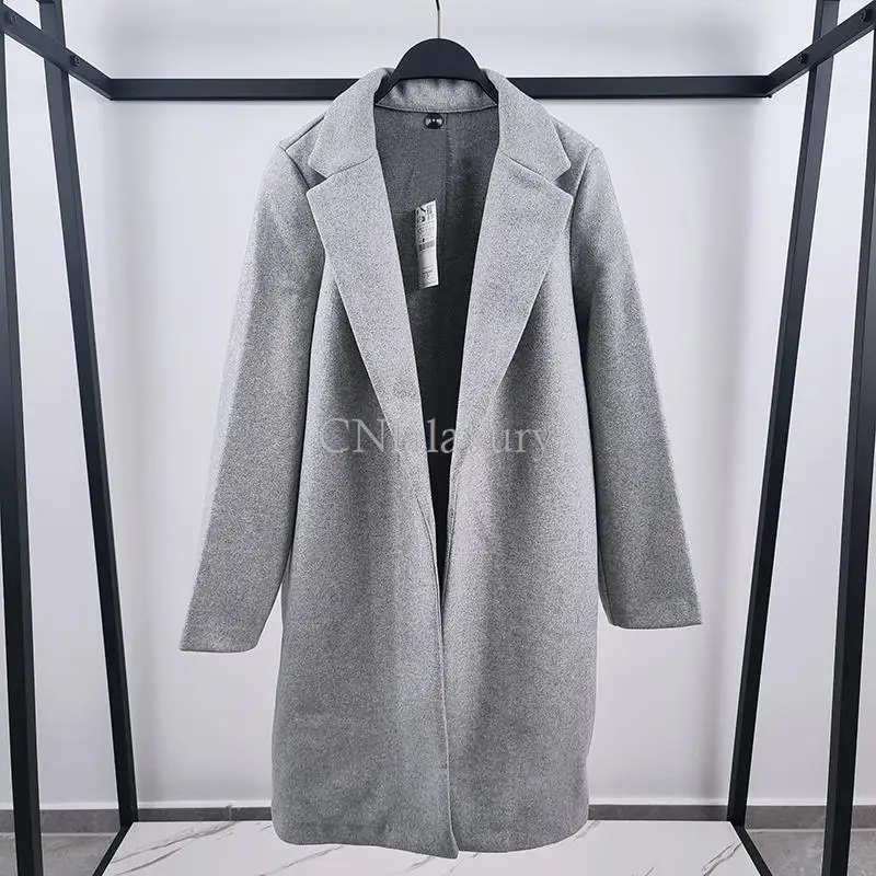 CNlalaxury 2024 Spring Women\'s Lapel Long Sleeve Medium Length Cardigan Woolen Coats Female Casual Straight Tube Jacket Outwear