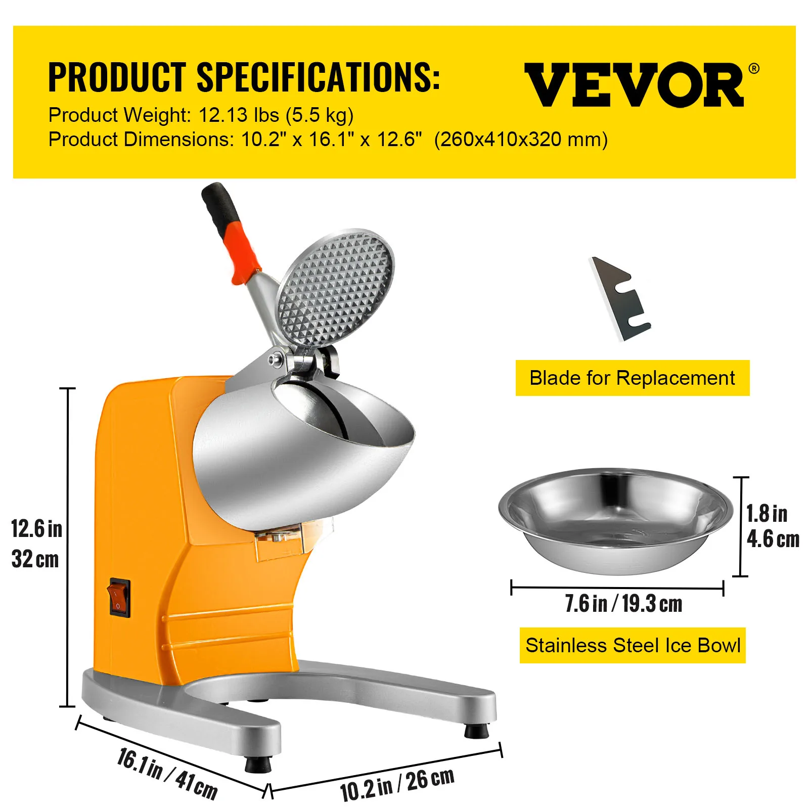 VEVOR 95Kg/H Electric Ice Crusher Dual Blade Snow Cone Granizing Machine with Free Tray Home Icy Drink Smoothie Maker Commercial