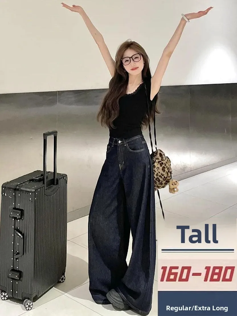 

Джинсы с высокой талией и широкими штанинами, удлиненные, темно-синие, повседневные брюки для женщин, модные универсальные длинные брюки для осеннего сезона