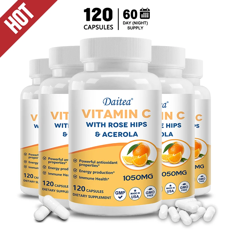 Vitamin C Supplement with Rose Hips and Acerola, Immune Support, Antioxidant, Immune and Cardiovascular Health, Skin Health