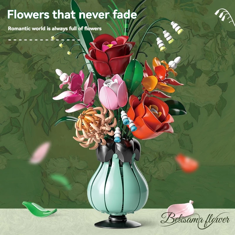 Creative Bouquet Building Blocks Set Model Flower Vase Decorative Rose Model DIY Kid Valentine's Day Toys Girl Christmas Gift