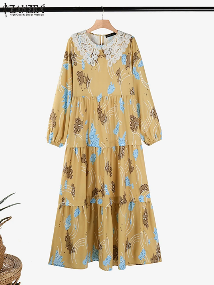 Mulheres floral impresso vestido muçulmano abaya primavera maxi vestido de verão zanzea elegante manga longa rendas retalhos vestidos dubai robe 2025