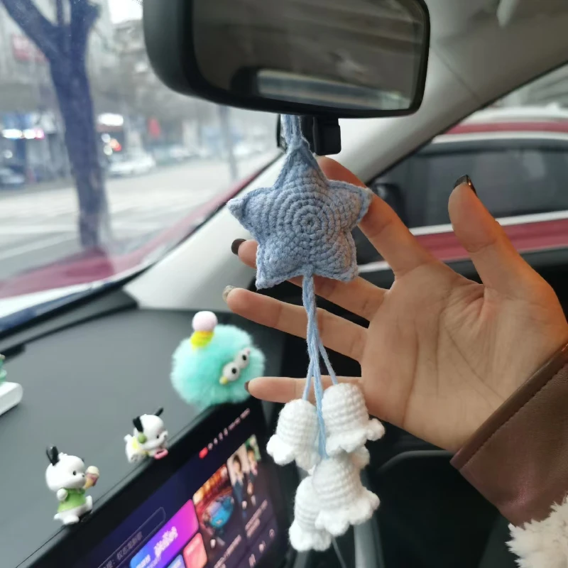 Blue Star Car Mirror Hanging Accessories - Car Interior Rearview Mirror Decorative Pendant - Handmade Crochet Car Accessories