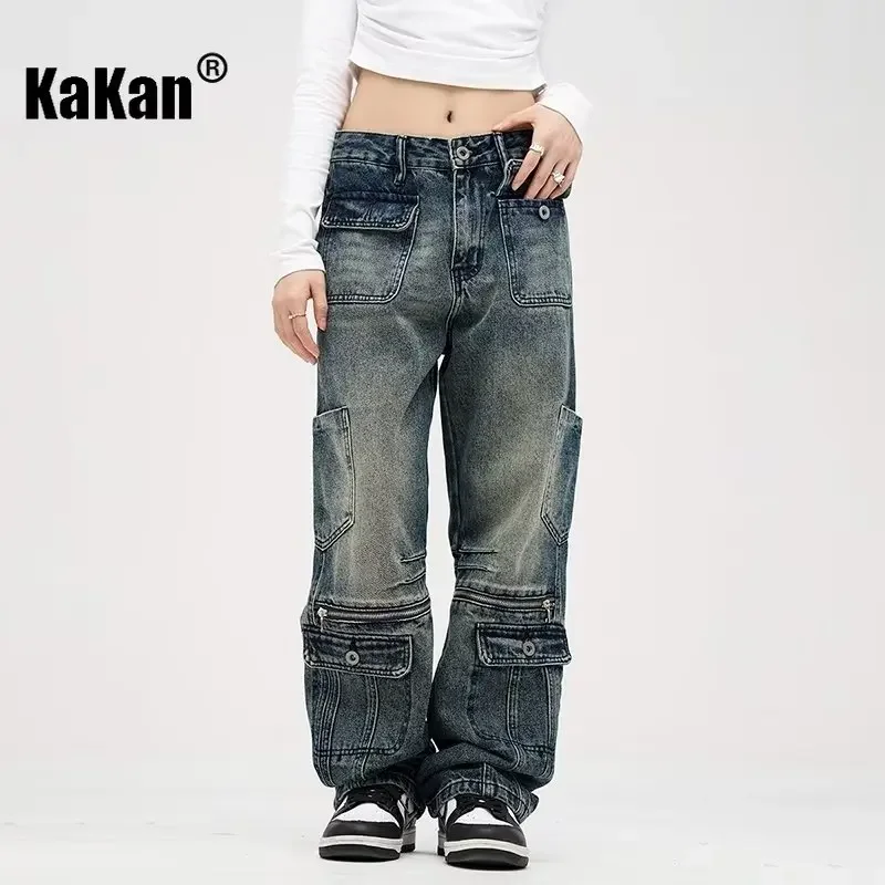 Kakan - European and American New Retro Heavy Industry Multi Pocket Jeans for Men, High Street Zipper Straight Leg Long Jeans 27