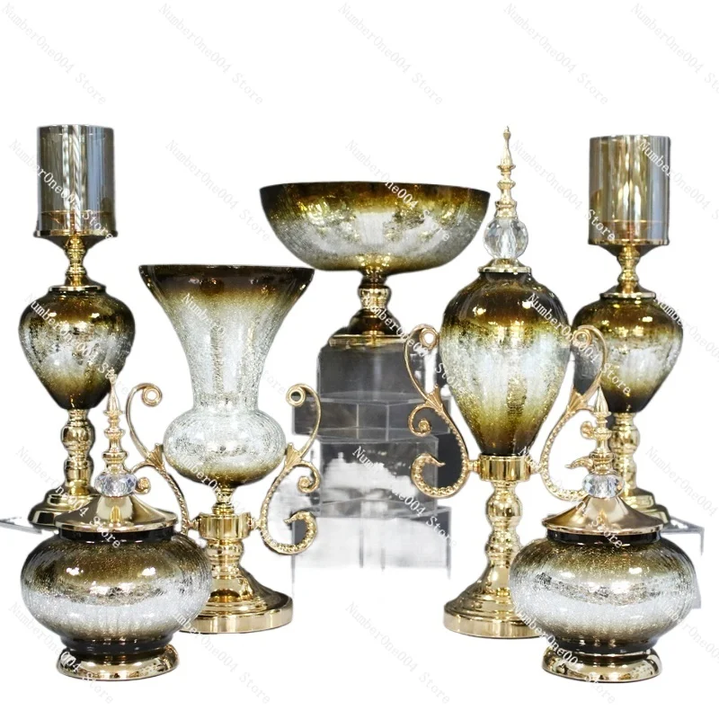 

Wholesale glass ornaments with metal stand sublimation personalized ice crack crystal wedding candle holders set