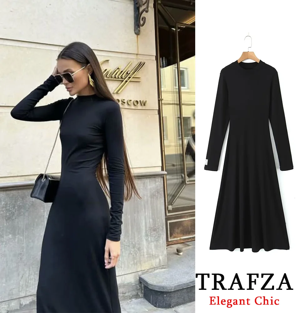 Women's Elegant Glamorous Black Stretch Knit Dress Long Sleeve Slim Long Dress New TRAFZA Spring Autumn Fashion Dinner Dress