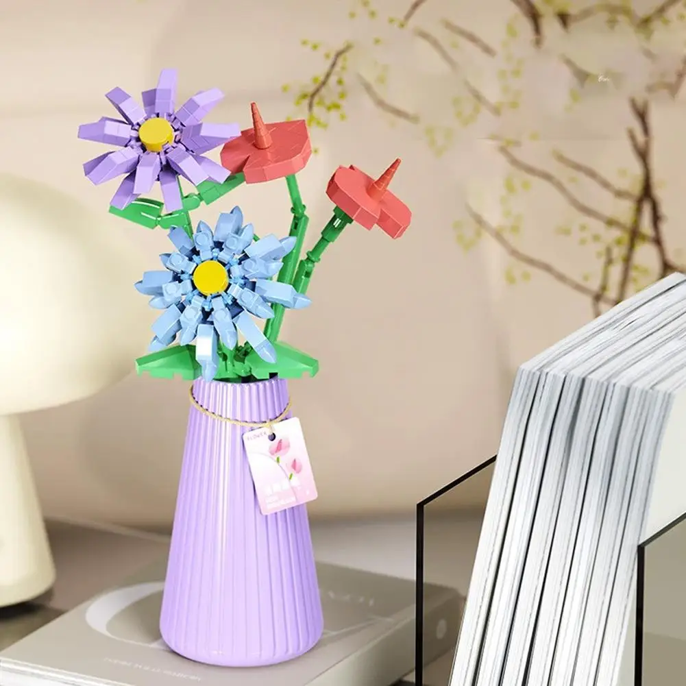 Flower Bouquet with pot Micro Building Block Sunflower Rose Mini Model Brick Toy 3D Bouquet Plants Home Decor Adults Gift