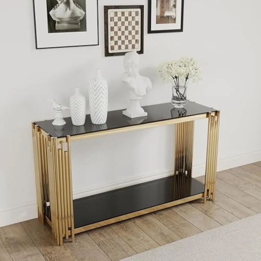 Modern Console Table,Entrance Sofa Table,Narrow Console Table with Golden Stainless Steel Frame and Black Tempered Glass Top