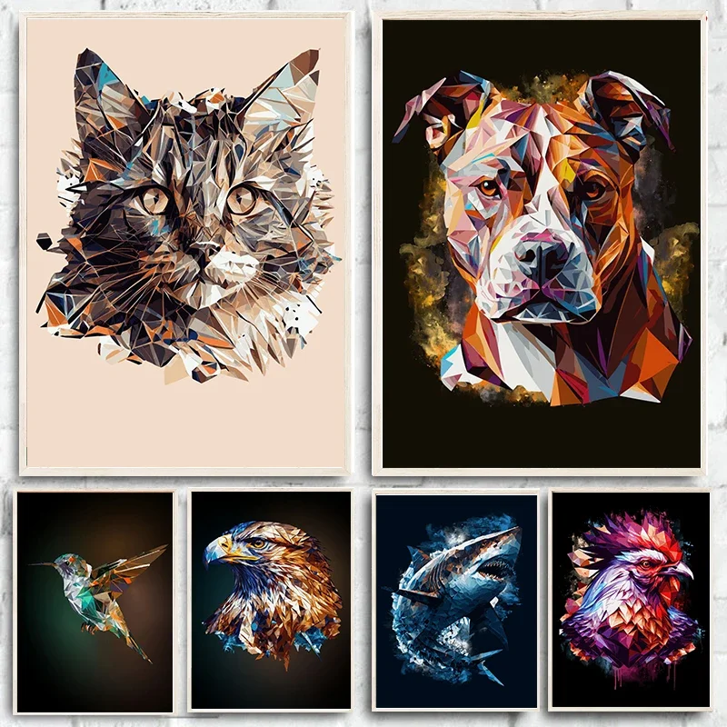 Pintura en lienzo de arte moderno, póster de animales geométricos abstractos, imágenes de gato, perro, pollo, zorro, caballo, decoración del hogar para sala de estar