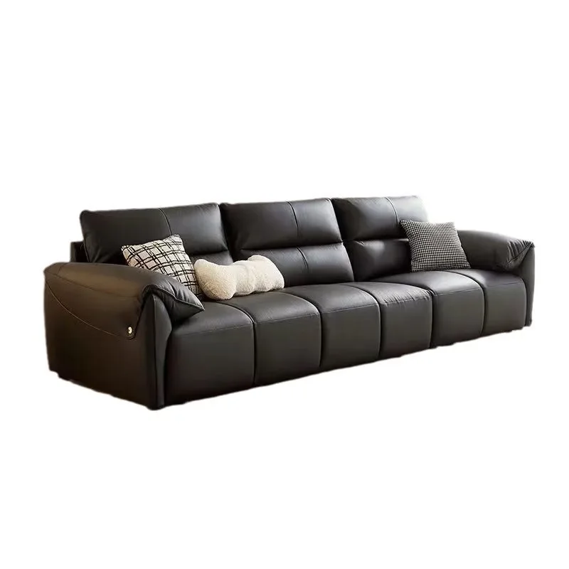 Italian minimalist leather sofa, the first layer of cowhide cream style light luxury leather straight row size modern apartment