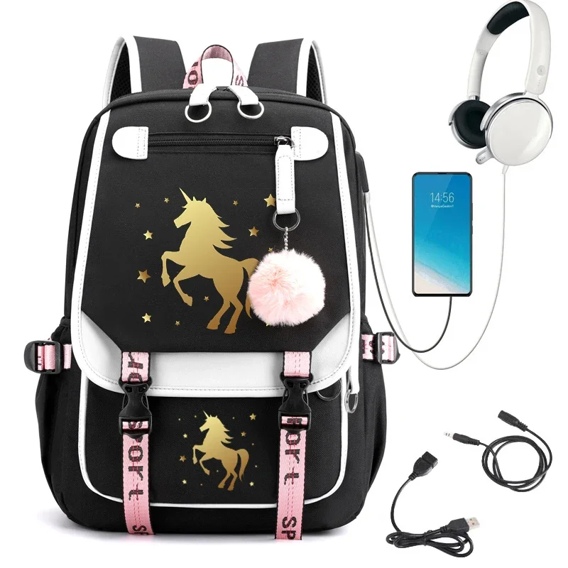 Mochila con diseño de caballo para mujer, morral escolar con carga Usb, bolsa de viaje para adolescentes, bolsa de Anime de dibujos animados