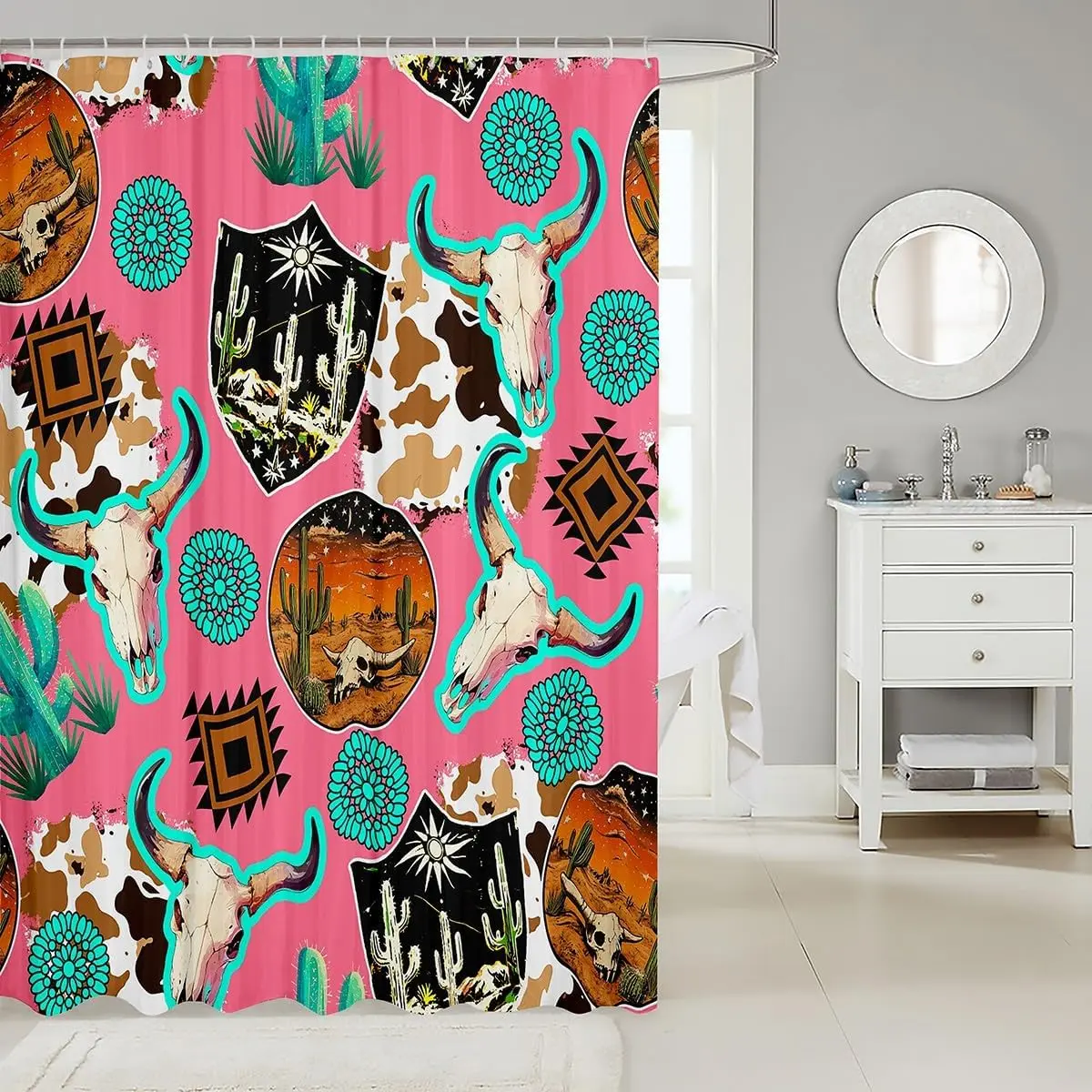 Southwestern Boho Cactus Skull Shower Curtain Desert Mural Western Steer Decor Tapestry Bathroom Accent Liners