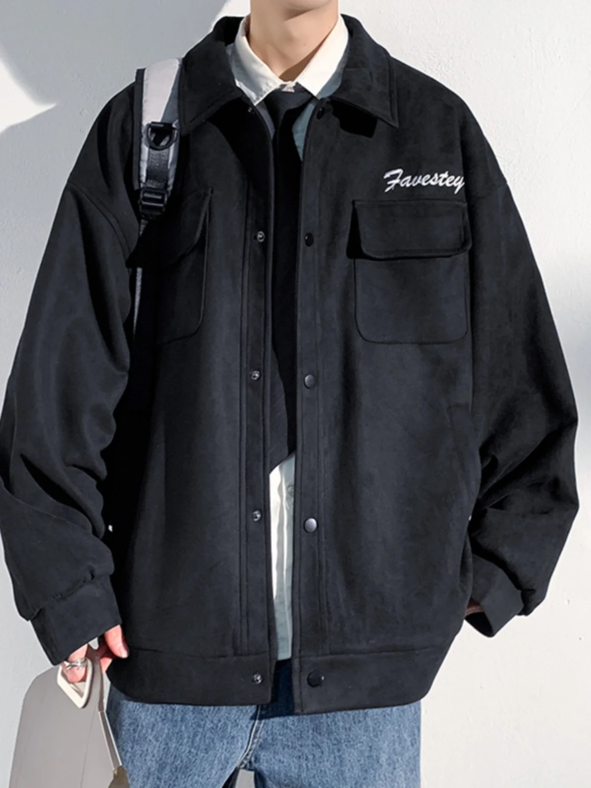 2025 Spring and Autumn New Black Suede Workwear Jacket Men's Casual Loose Coffee Color Apricot Color Open Button Jacket