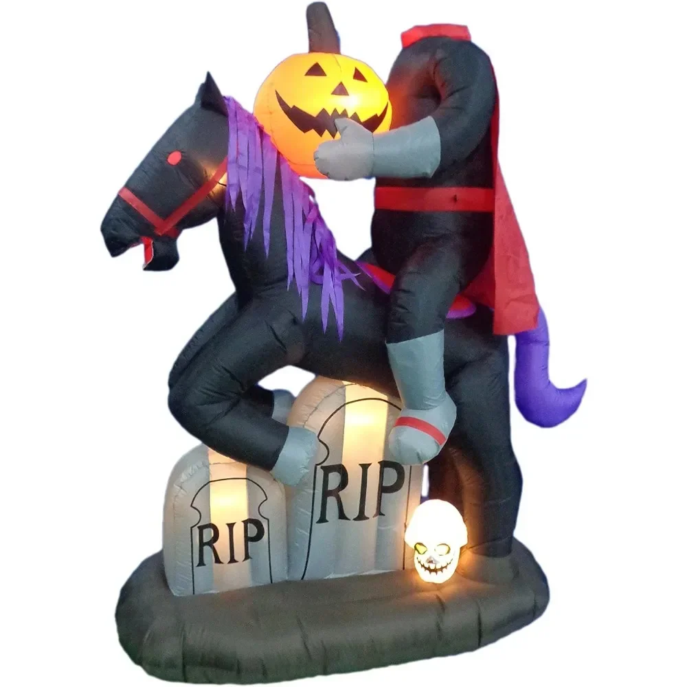 Halloween Decoration 6.5 Foot Tall ed Halloween Inflatable Headless Horseman with Horse Tombstones Skull and Pumpkin s