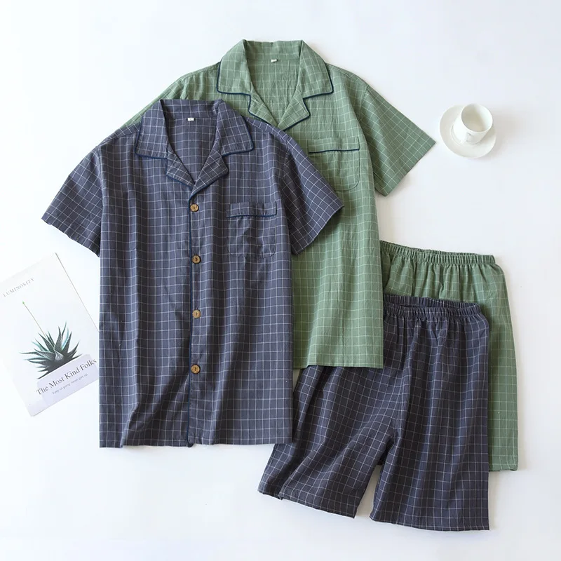 

2025 Men's Pajamas Summer Thin Short-sleeved Shorts Washed Cotton Simple Japanese Plaid Home Service Suit Pantalon Pijama Hombre