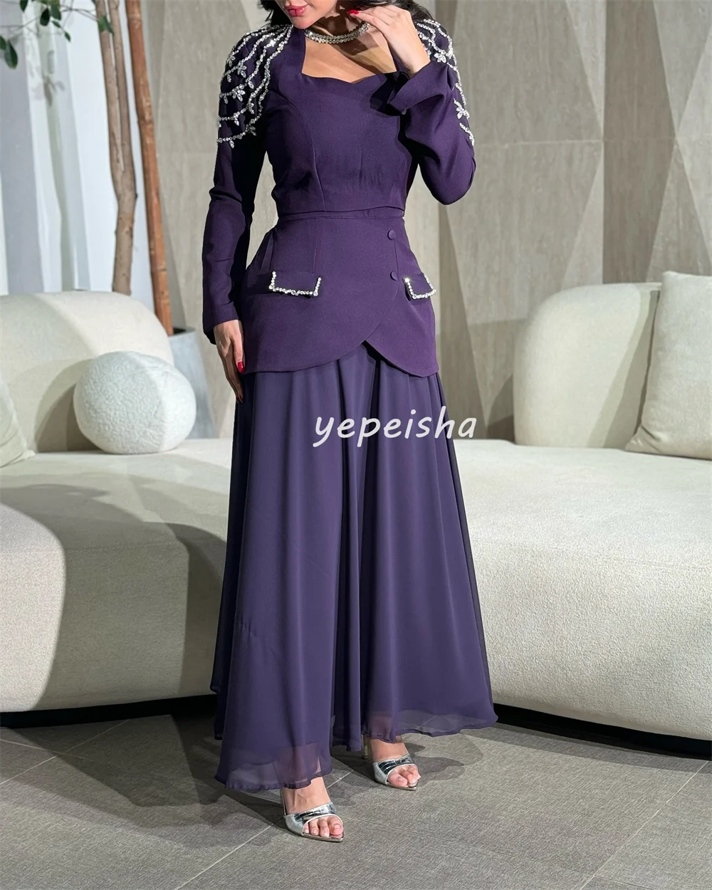 Customized Intricate Jersey Pleat Draped Rhinestone A-line Square Neck Midi Dresses Bespoke Occasion Dresses Fashion Formal