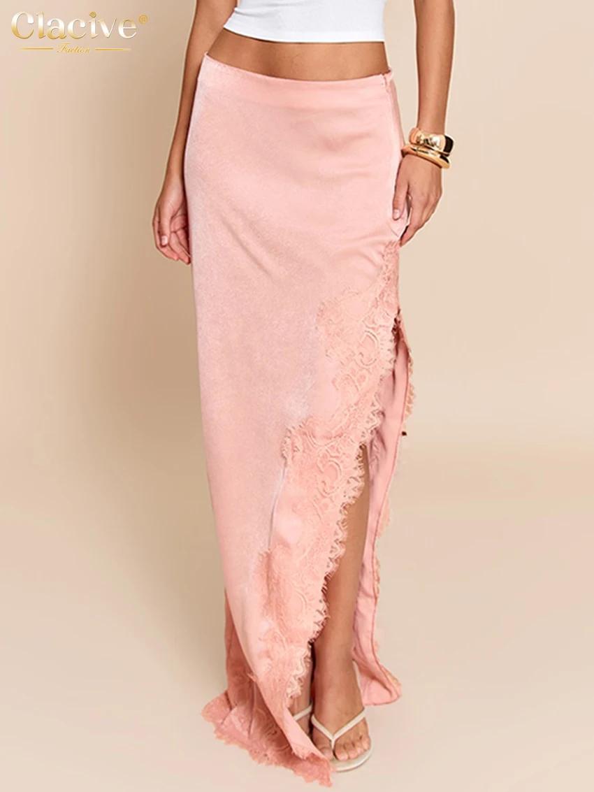 

Clacive Fashion Loose Pink Women's Skirt Elegant High Waist Maxi Skirt Elegant Classic Slit Lace Spliced Skirt Female Clothing