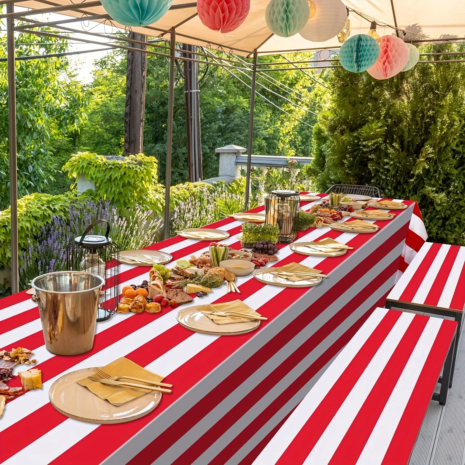 1pc, Red And White Vertical Striped Tablecloth,Waterproof Rectangular Tablecloth For Festival Party Picnic, birthday decoration,