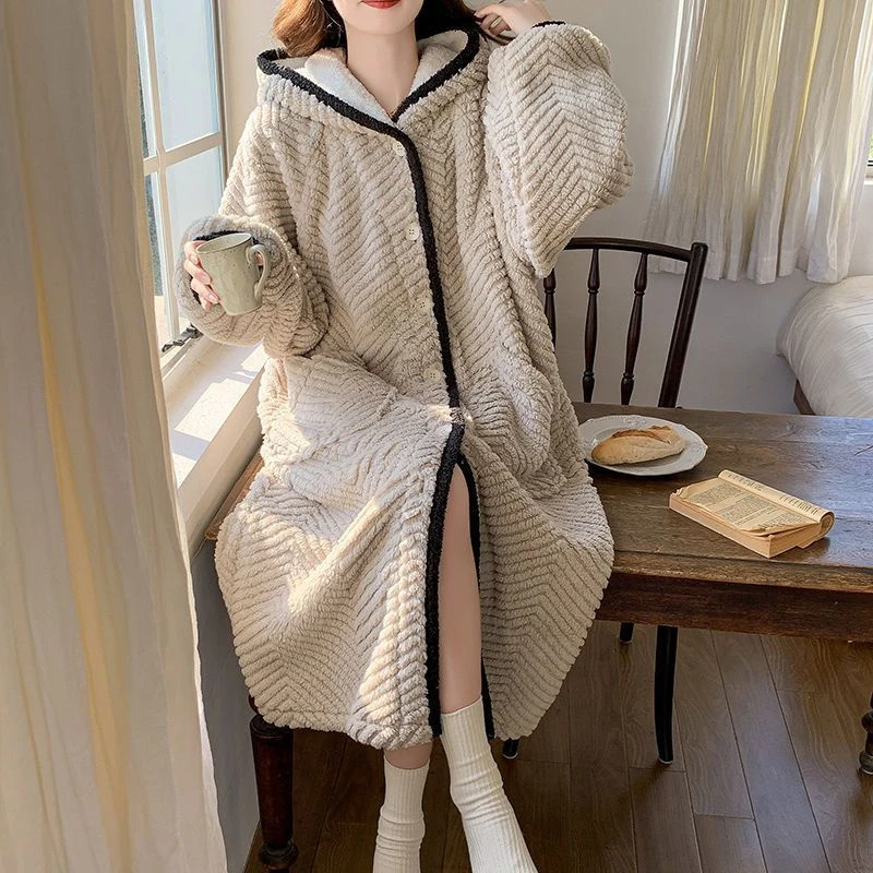 Thick Flannel Hooded Nightgown Autumn Winter New Nightdress Home Dressing Gown Sleepwear Coral Fleece Warm Lingerie Nightwear