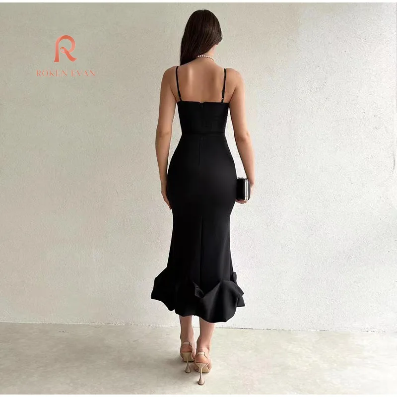 Roken Evan 2024 Sexy Muslim Dress Women Spaghetti with Prom Dress for Sleeveless Bodycon Dresses Ruffled Hem Kaftan Abaya Dubai