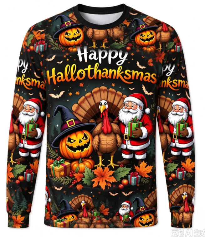 Full 3D Print Hallothanksmas T-shirt Unisex, Pumpkin Turkey Santa Graphic Long Sleeve Holiday Tee Streetwear Graphic T Shirts