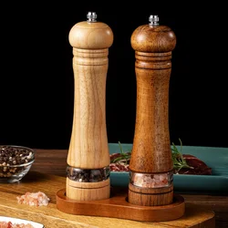 Rubber Wood Salt Pepper Grinder With Glass Window Smart Seasoning Grinder Clear Spice Salt Mill