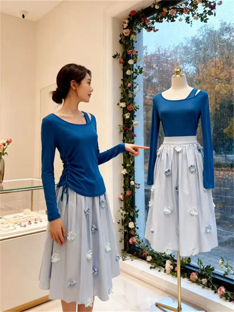 

Chic Gentle Women's Suiting Set High Waist Slim Fit Top And Skirt Two Piece Set Early Autumn High Quali Faionable Ensemble