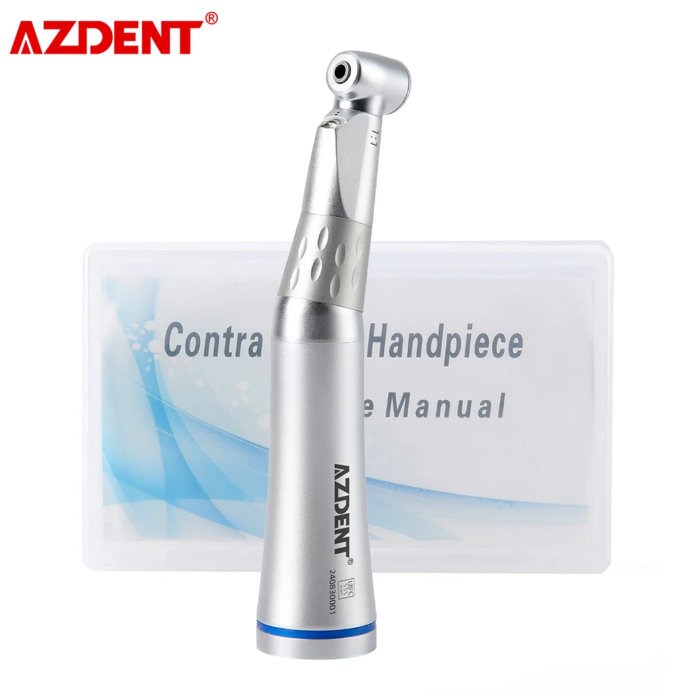 Dental 1:1 LED Contra Angle AZDENT Inner Channel Push Button Handpiece Fit for 2.35mm Burs Works on E-Type Electric or Air Motor