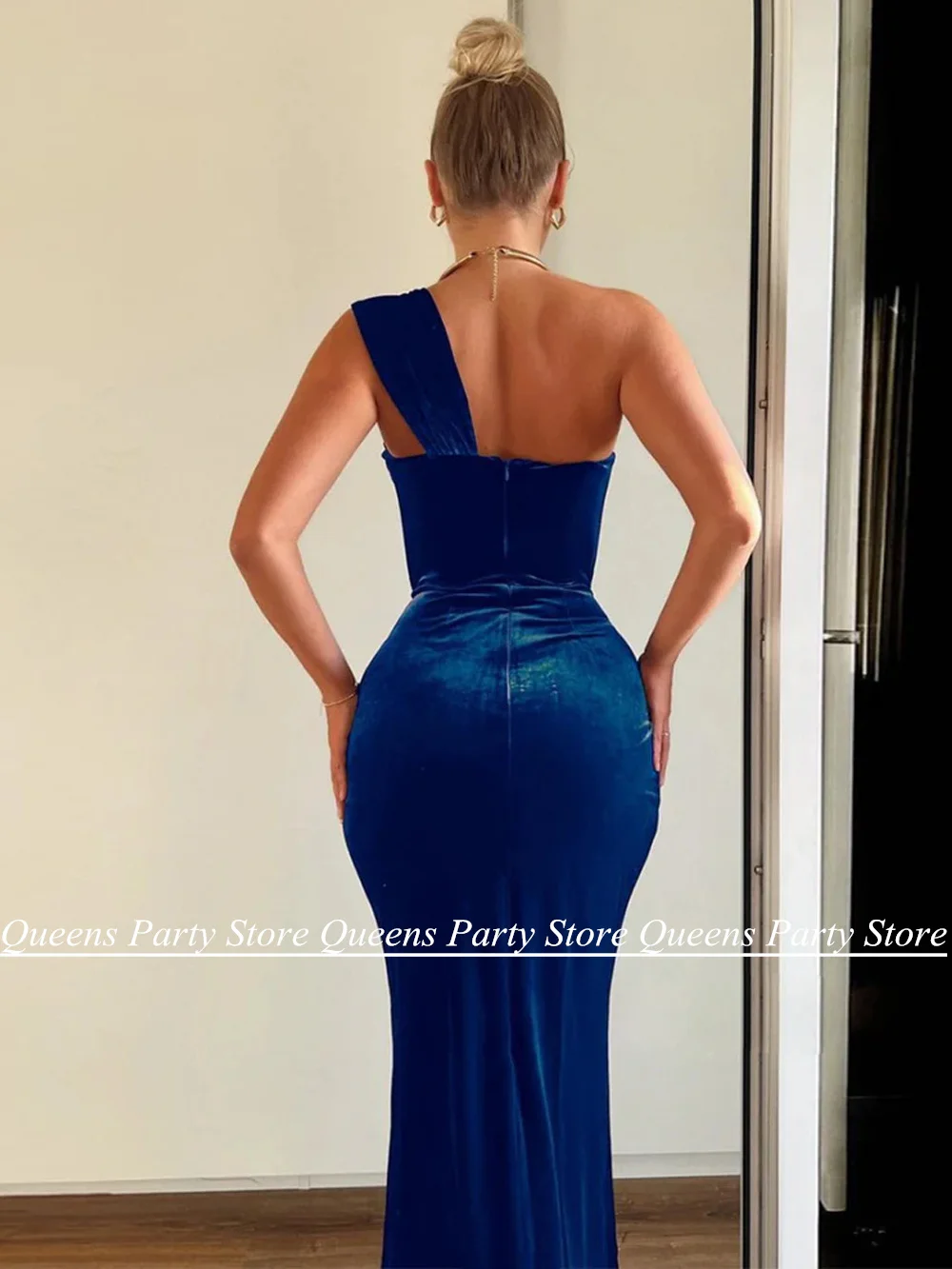 Sexy Velour Evening Dress One Shoulder Sleeveless High Slit Mermaid Party Gown Royal Blue Formal Evening Dresses for Weddings image 2