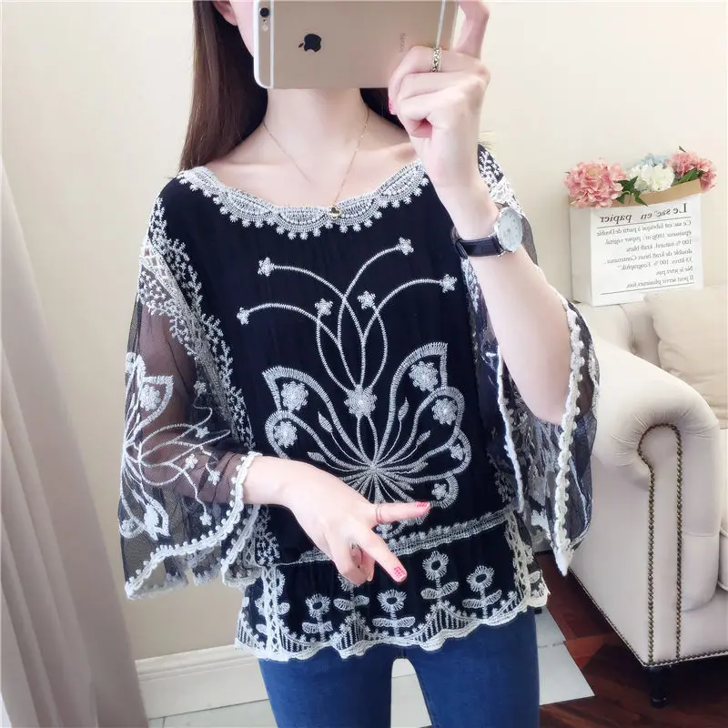 

Elegant Lace Embroidery Hollow Out Batwing Sleeve Blouse Women's Clothing 2023 New Casual Pullovers Office Lady Shirt