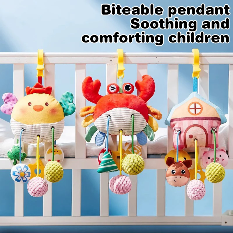 Educational Baby Toy Featuring Cartoon Animal Design, Multicoloured Hanging Bed Toy with Pull-string, Vibrant Rattle for Infants