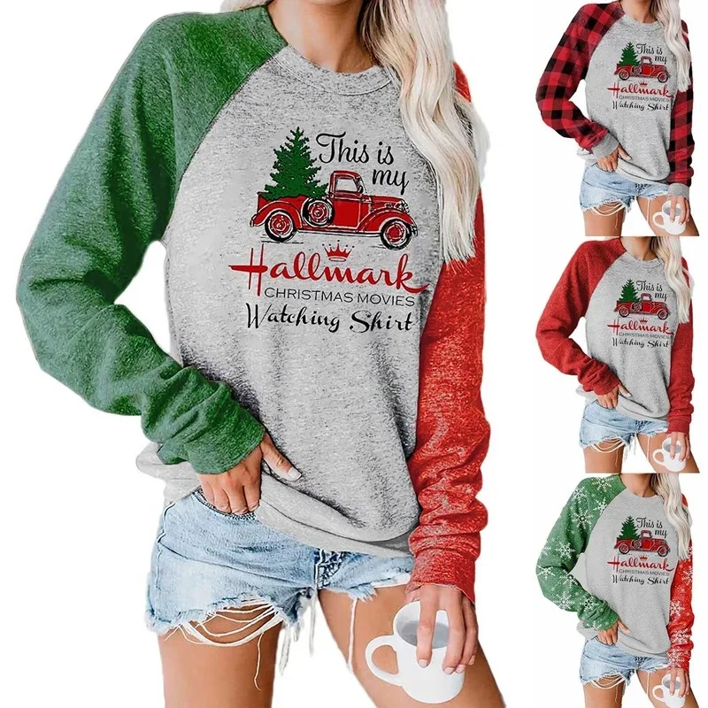 Women's Fall Winter Tops Car Tree Printed Casual Round Neck Christmas Sweatshirt Drop Shoulder Long Sleeve Pullover Clothing New