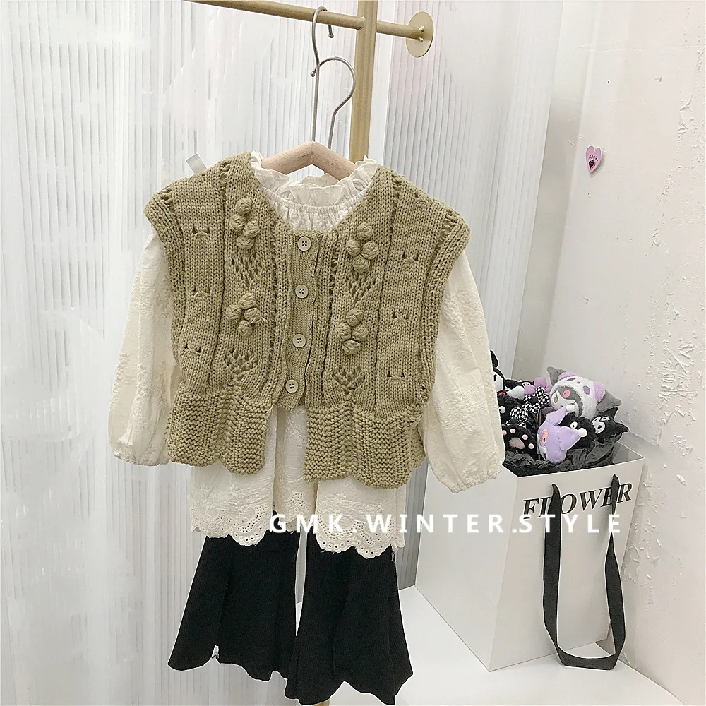 Girls Set 2024 Autumn Vest New Children\'s Lace Doll Sweater Pants Three Piece Set Toddler Girl Winter Clothes